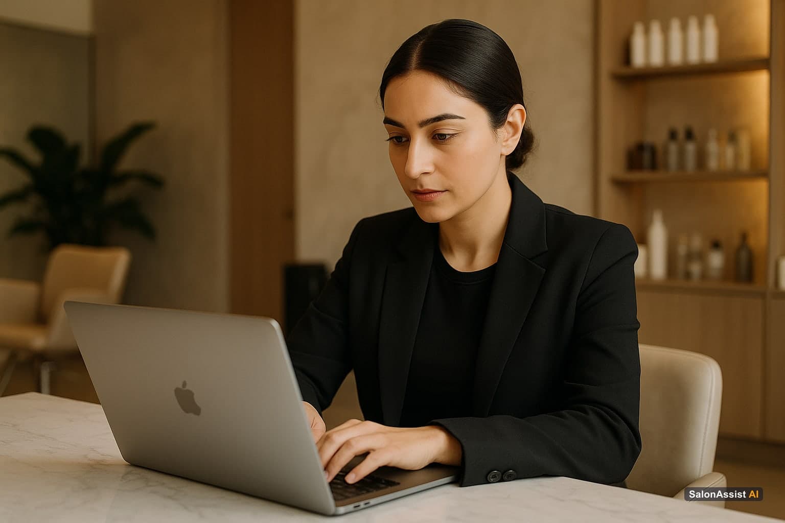 Salon owner creating targeted WhatsApp marketing list on laptop