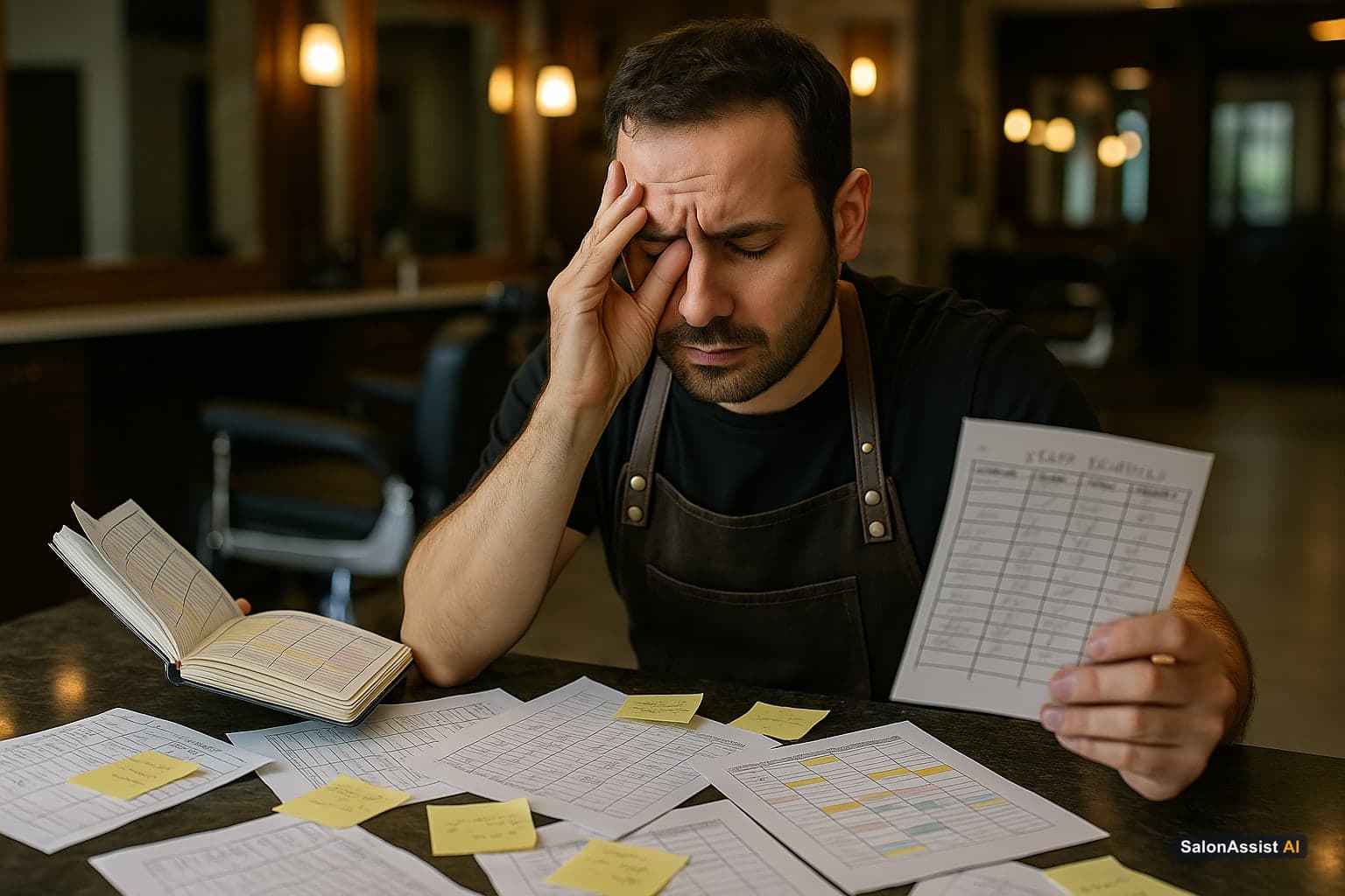 Frustrated barbershop owner managing manual bookings and staff schedules