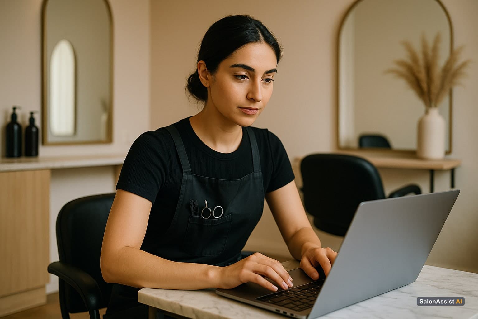 Independent stylist focused on laptop screen showing appointment booking and client records