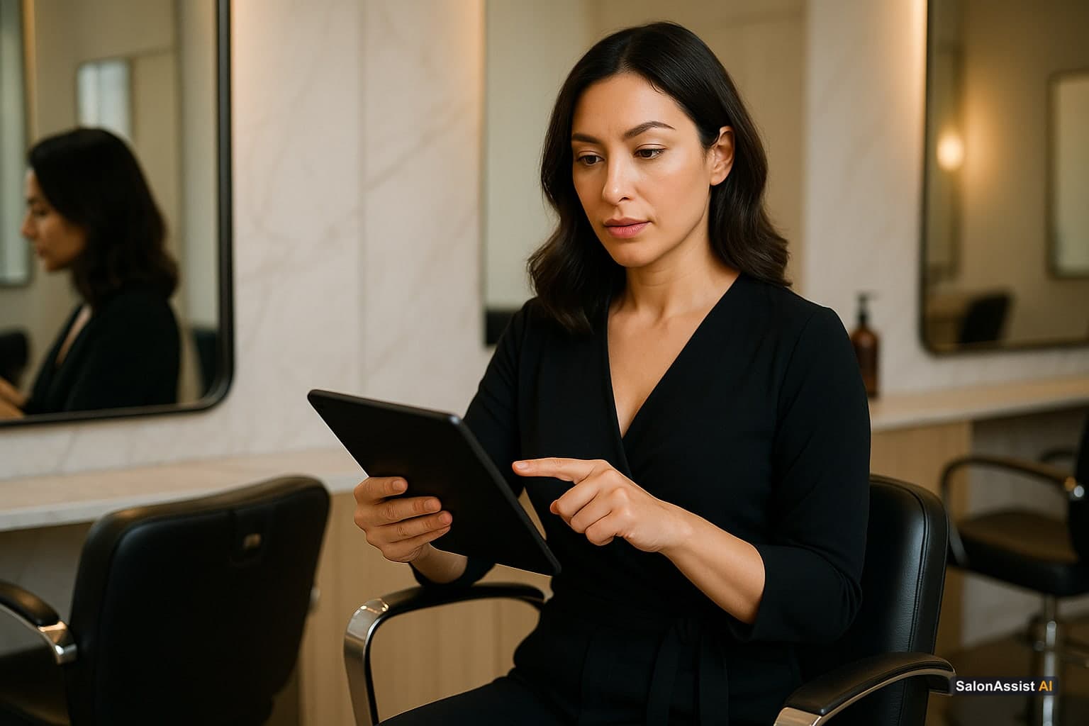 Solo stylist holding a tablet showing a checklist of important salon software features