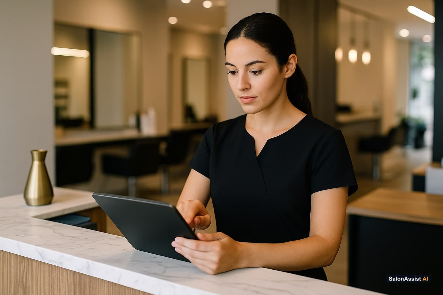 Salon receptionist efficiently managing appointments with digital tools