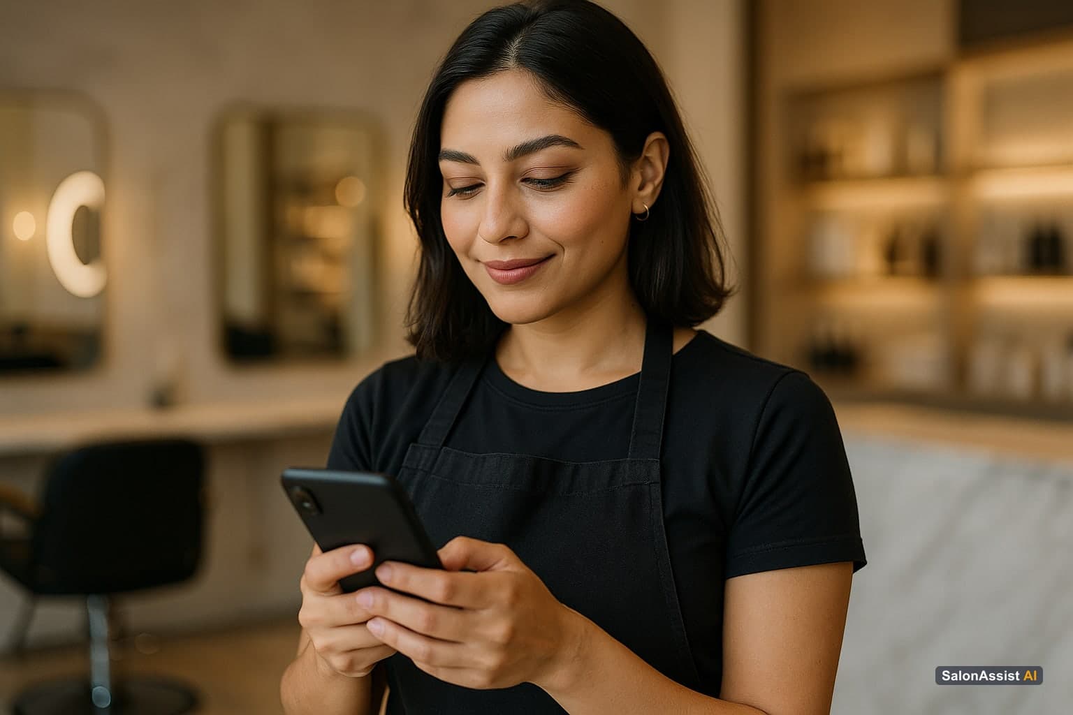 Beauty artist using a smartphone displaying an AI booking assistant app with appointment options