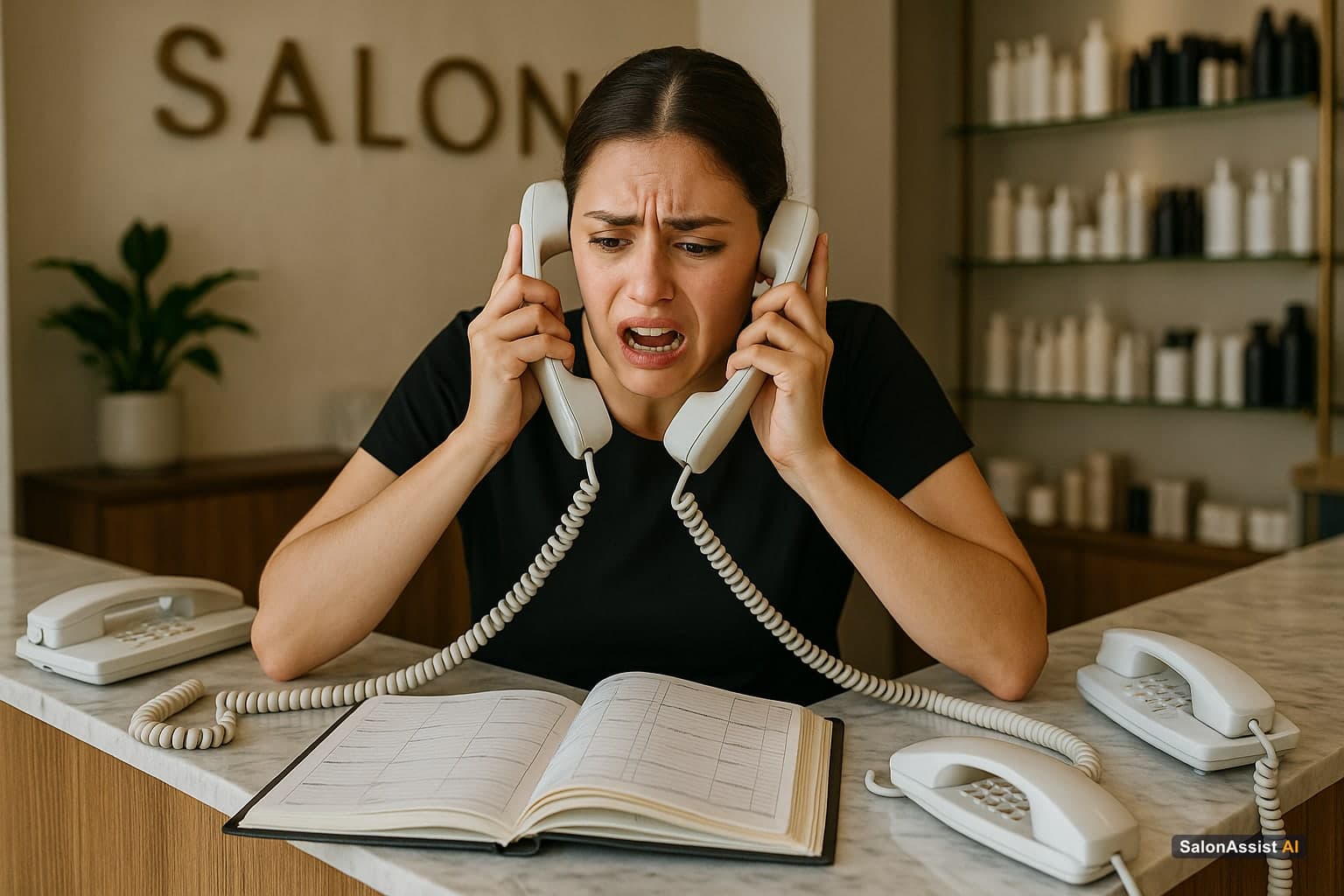 Salon receptionist looking stressed with multiple phones ringing and appointment books open