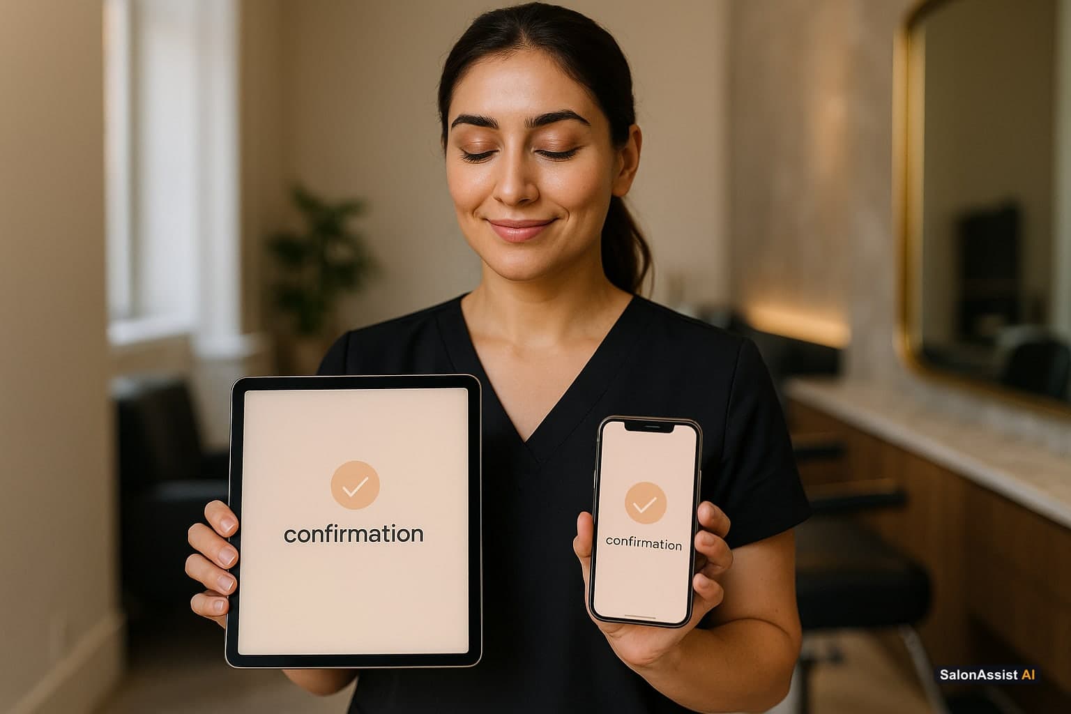 Tablet and smartphone screens showing instant appointment booking confirmations via AI assistant