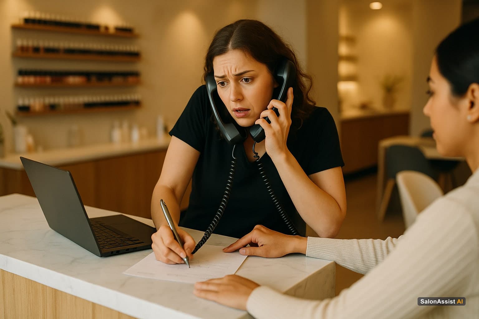 Busy nail salon front desk managing multiple calls and clients