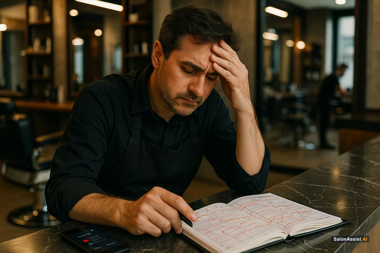 Barbershop manager looking stressed while reviewing overlapping appointments and missed calls