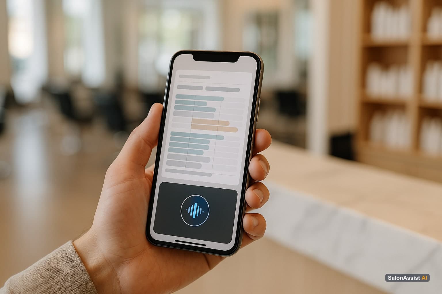 Smartphone screen showing an AI receptionist app managing salon bookings