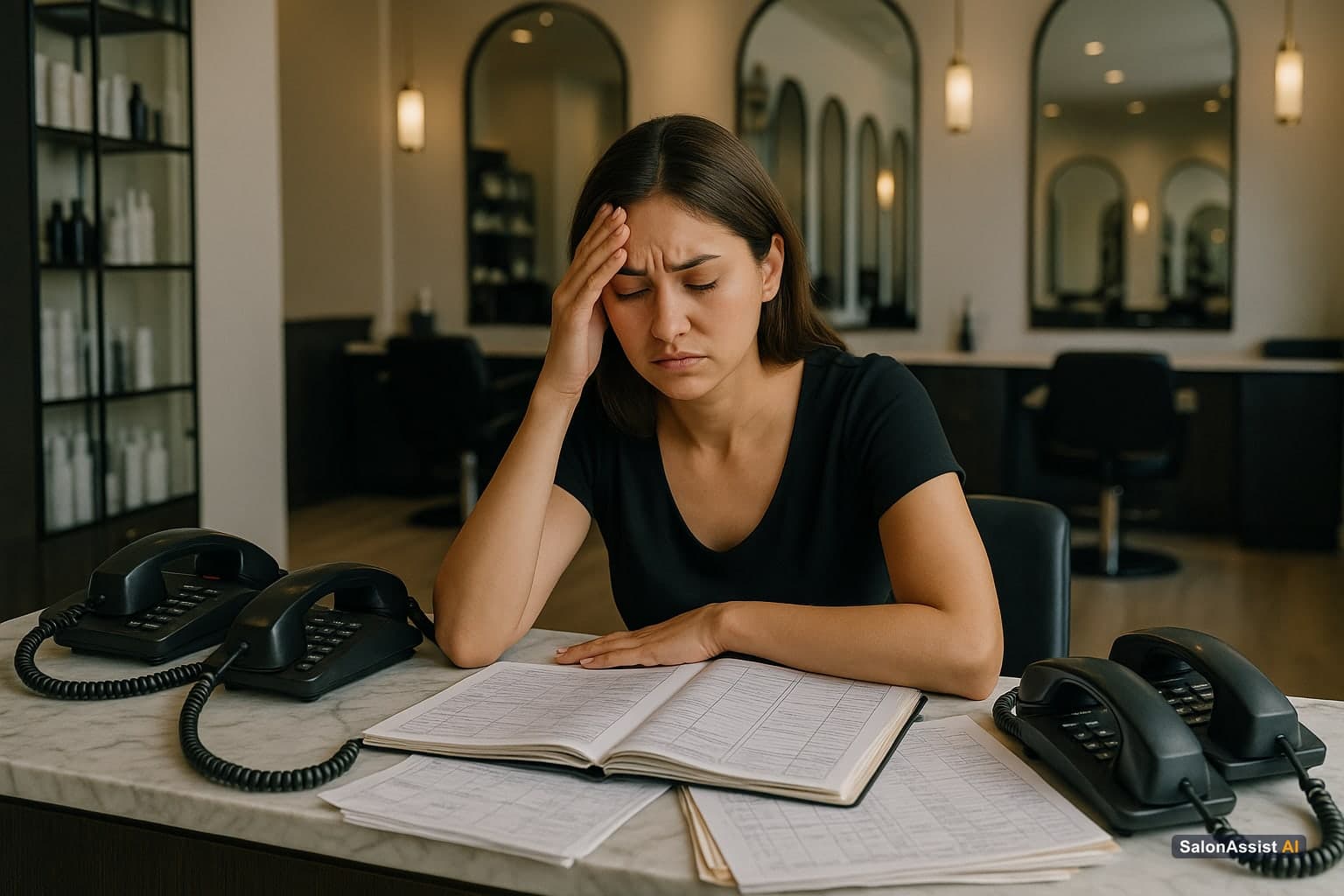 Salon receptionist looking stressed with multiple ringing phones and cluttered appointment schedules