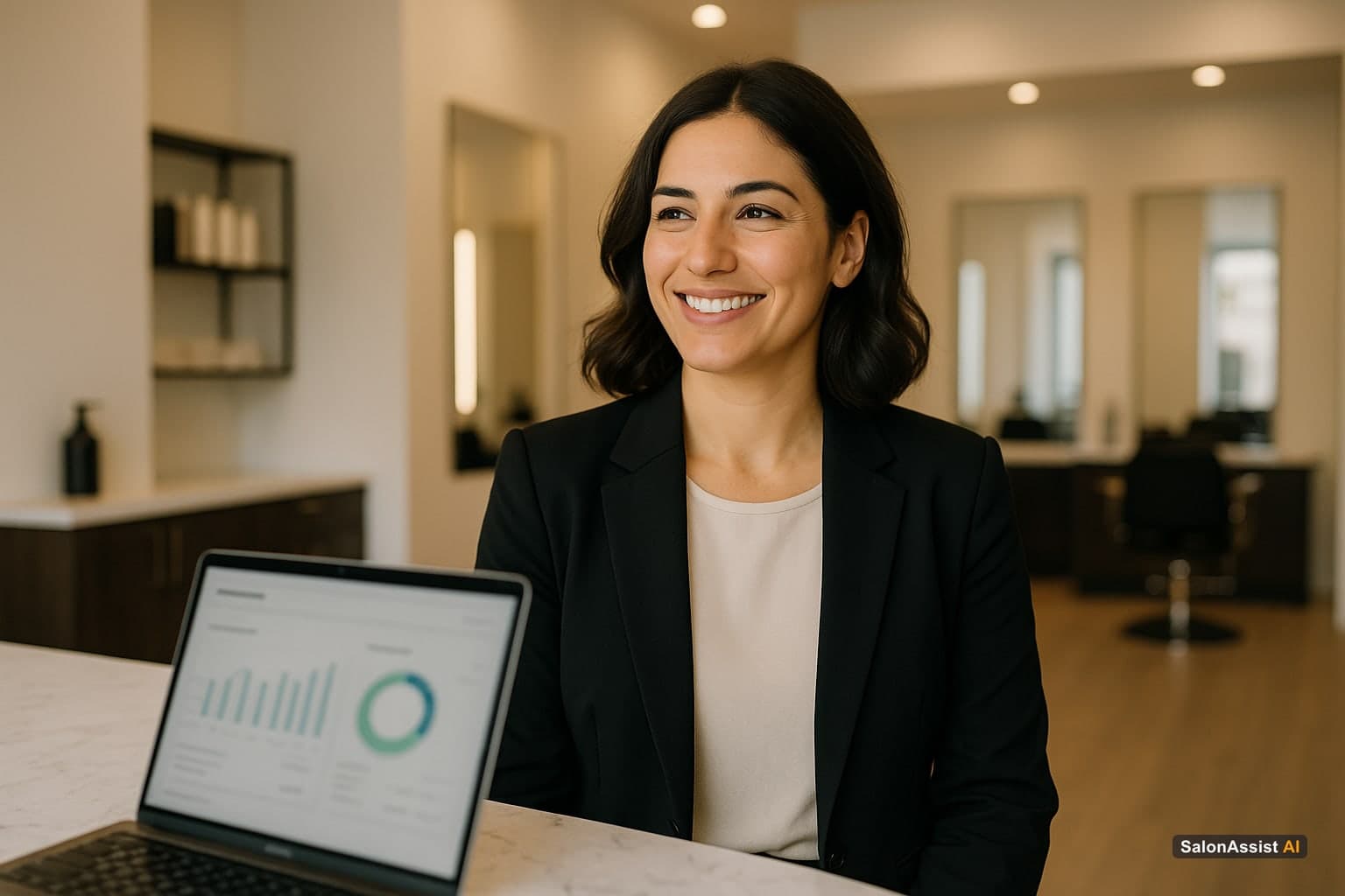 Salon owner smiling while looking at a digital dashboard displaying rising appointment numbers