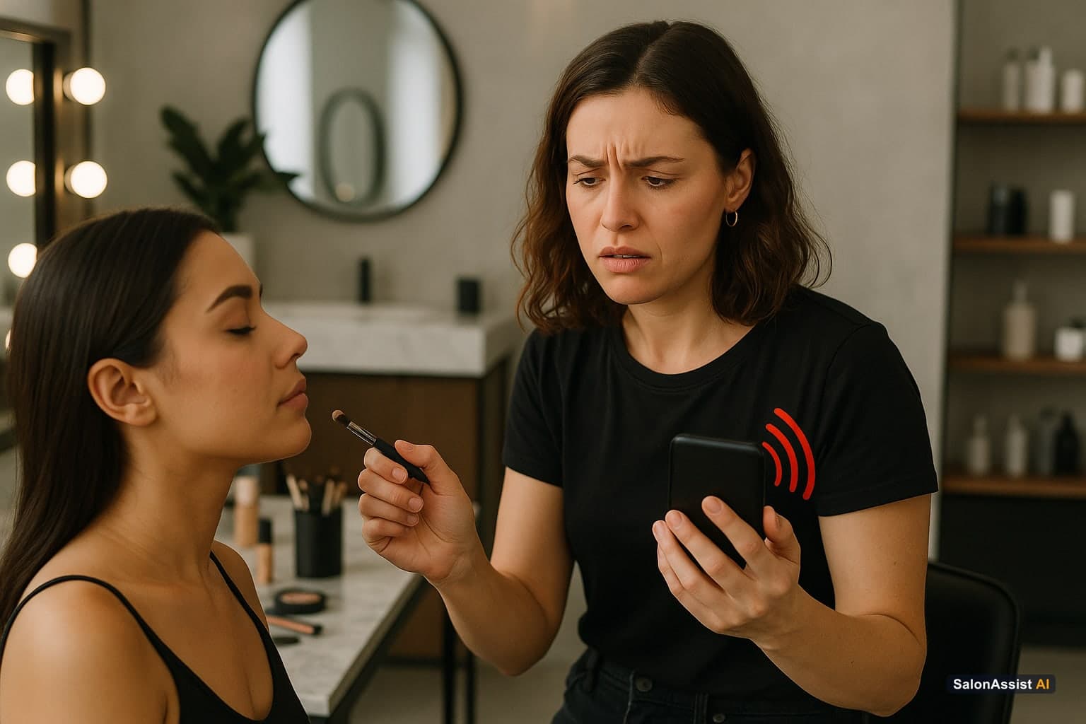 Makeup artist distracted by ringing phone during client session