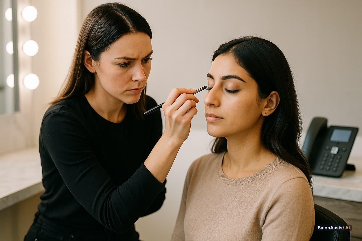 Makeup artist focused on client while AI receptionist manages calls