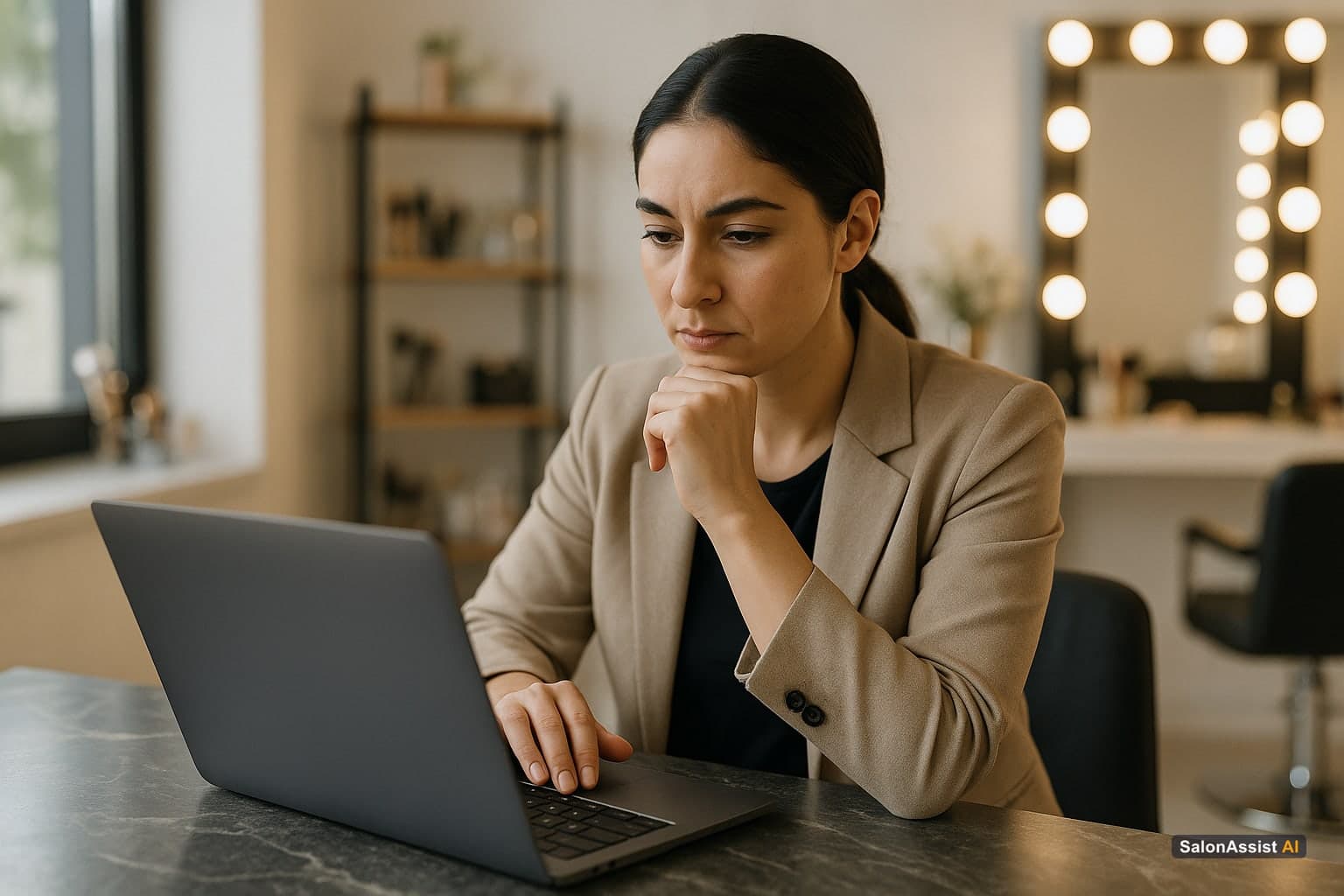 Salon owner evaluating AI receptionist demo on laptop