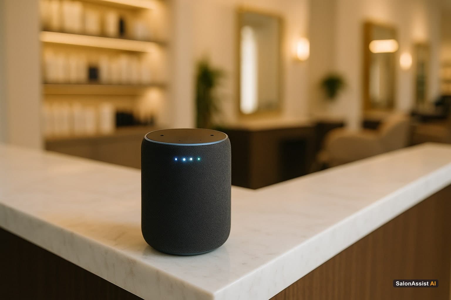 Smart speaker device on a salon reception desk showing AI receptionist in action