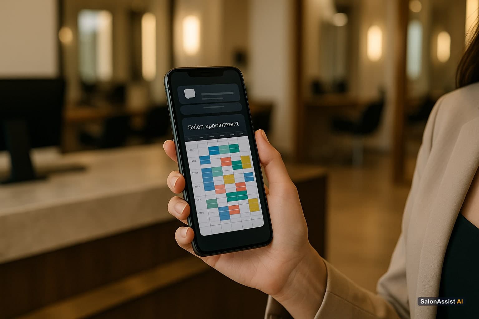Smartphone displaying a salon appointment calendar alongside AI booking conversation