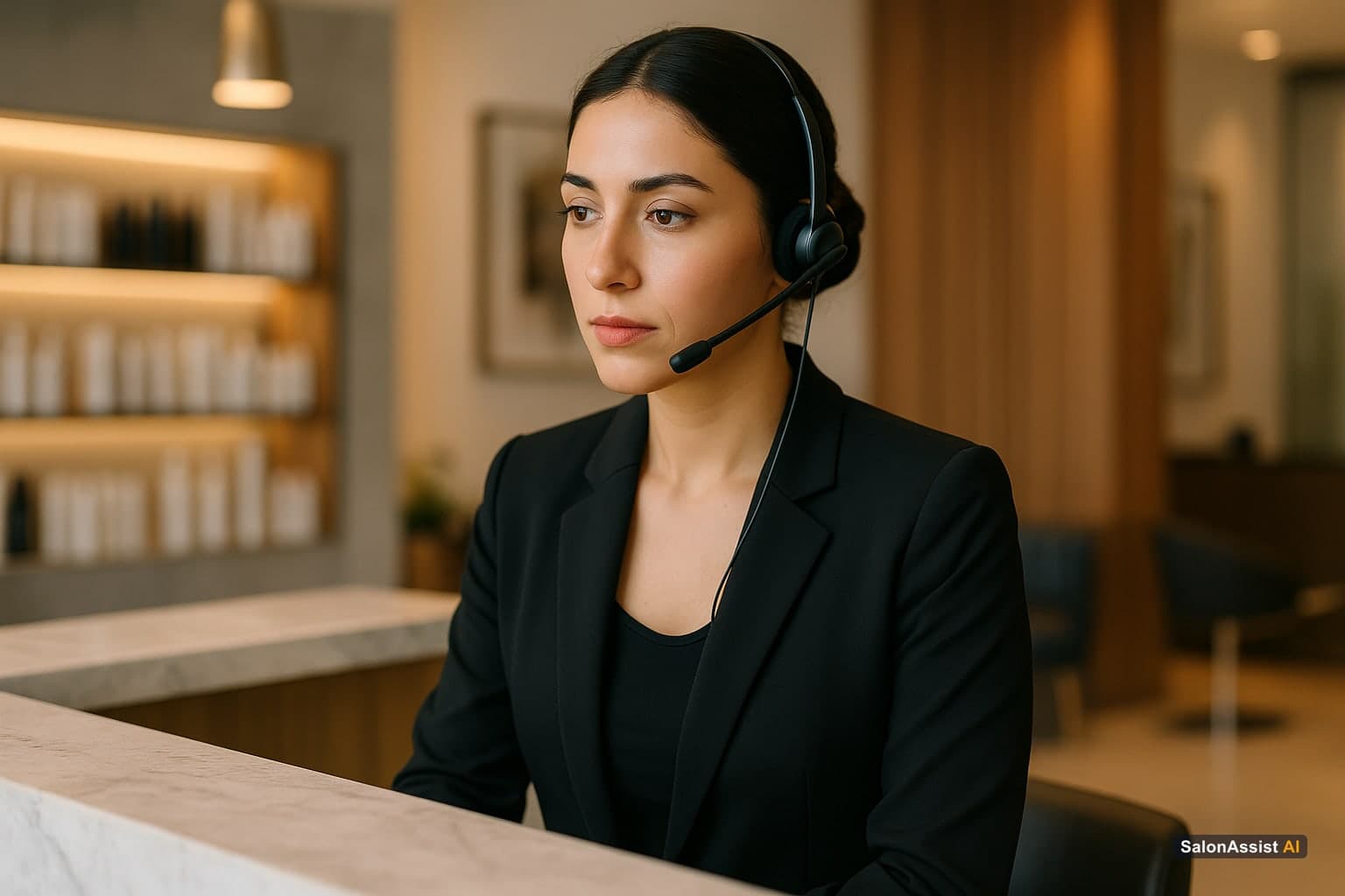 Professional salon receptionist attentively managing a call with a headset