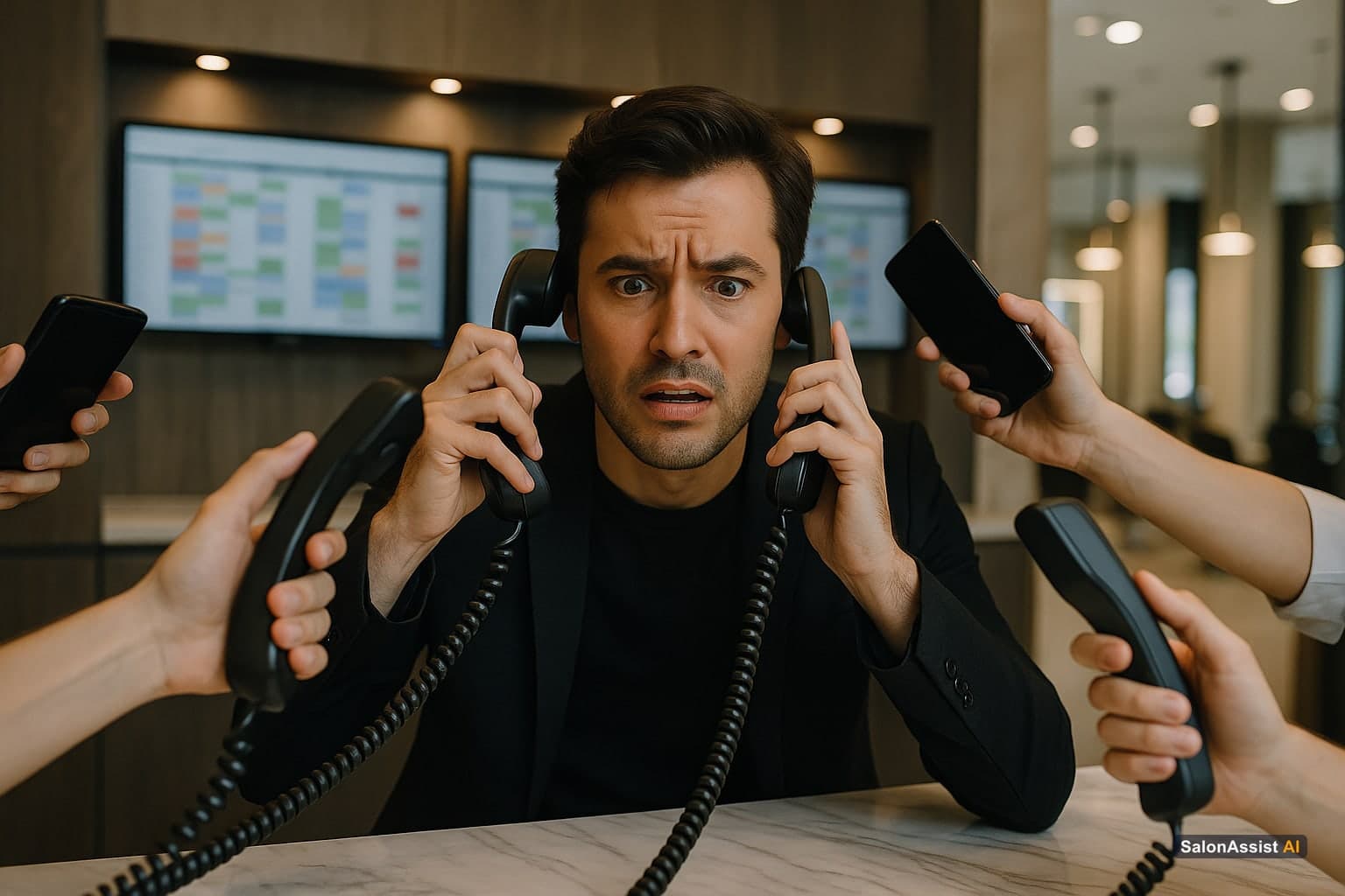 Salon manager overwhelmed by multiple ringing phones and schedules on screens