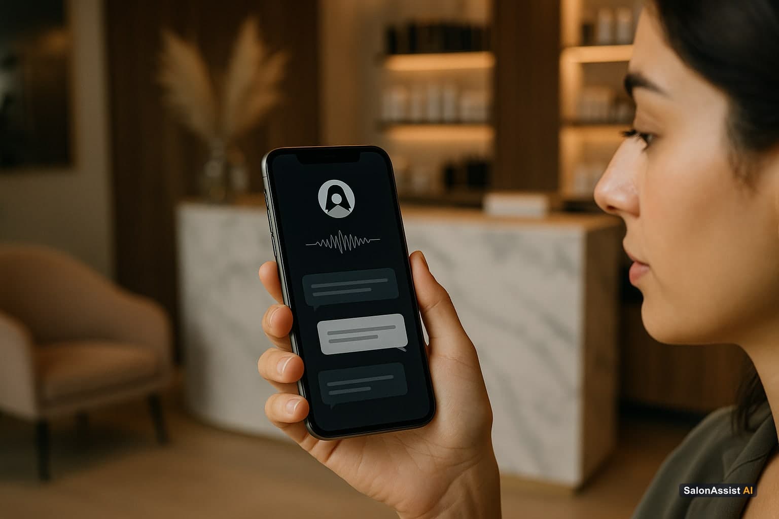 Smartphone screen displaying a natural language conversation with an AI voice receptionist