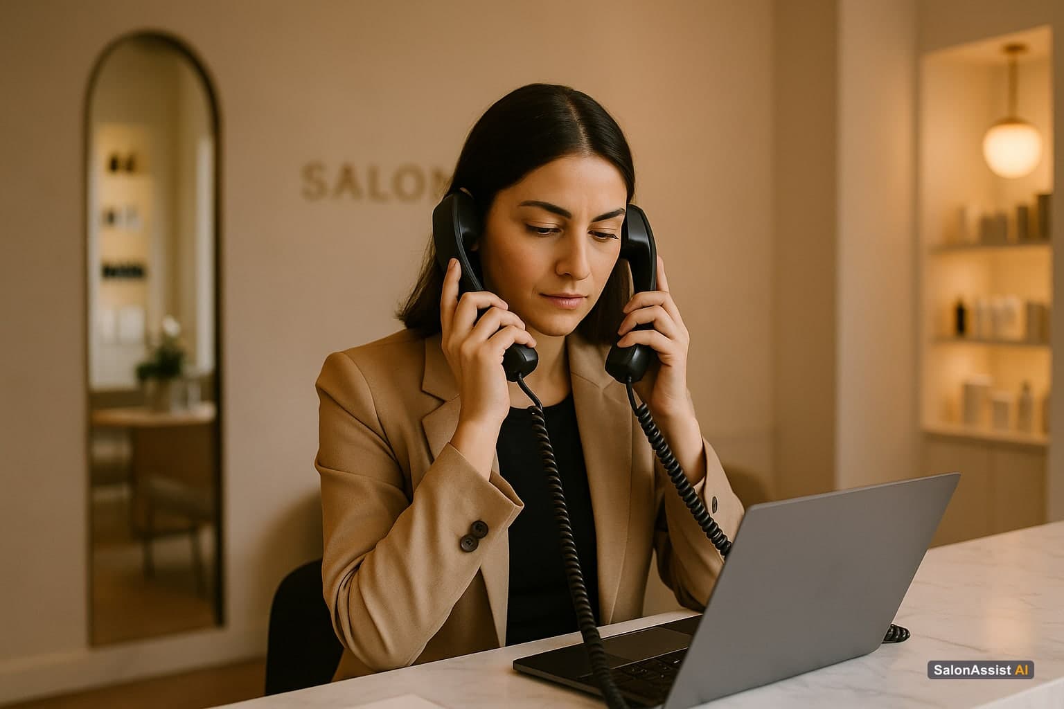 Salon receptionist answering multiple phone calls at front desk