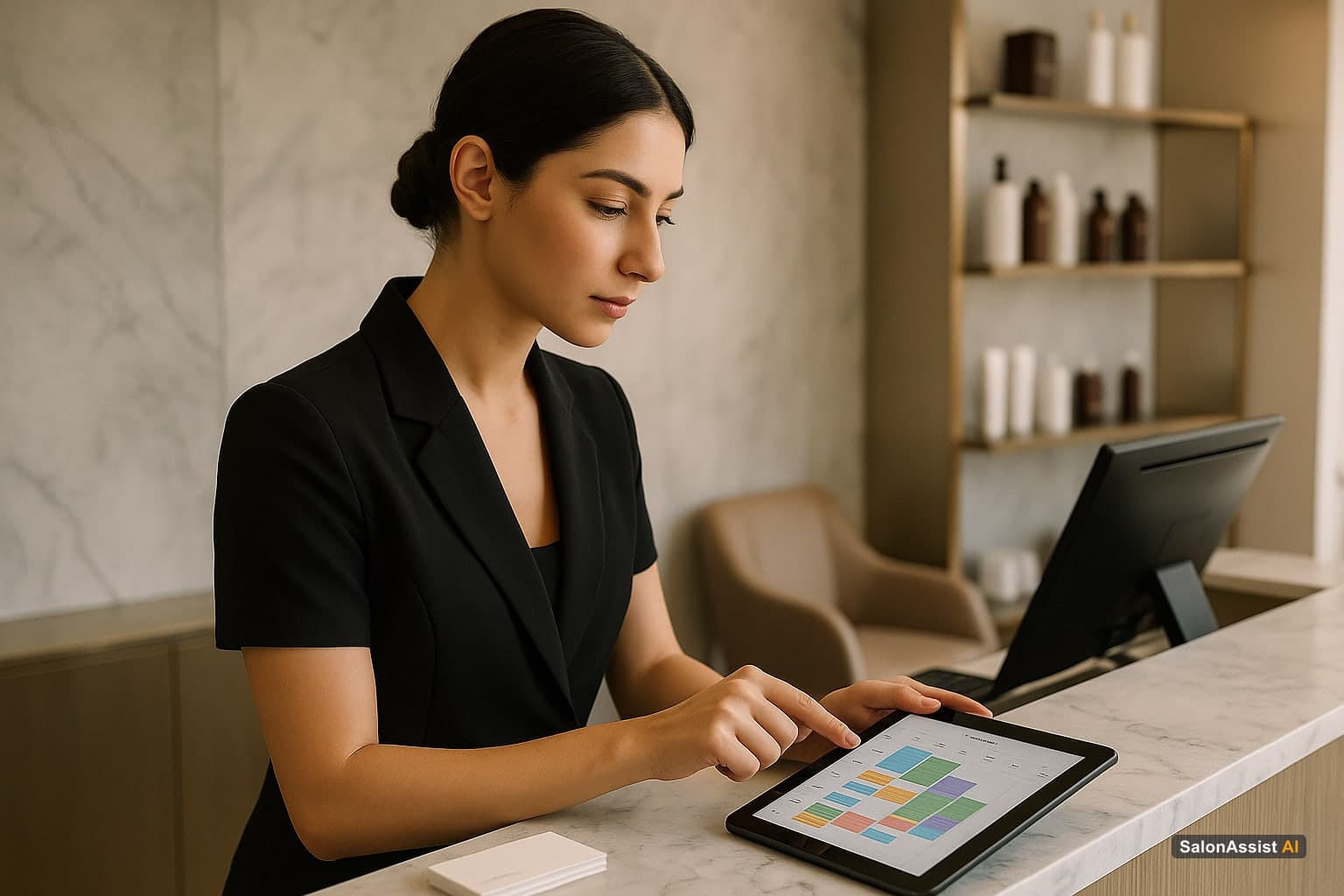 Salon receptionist scheduling a family group appointment on a digital calendar