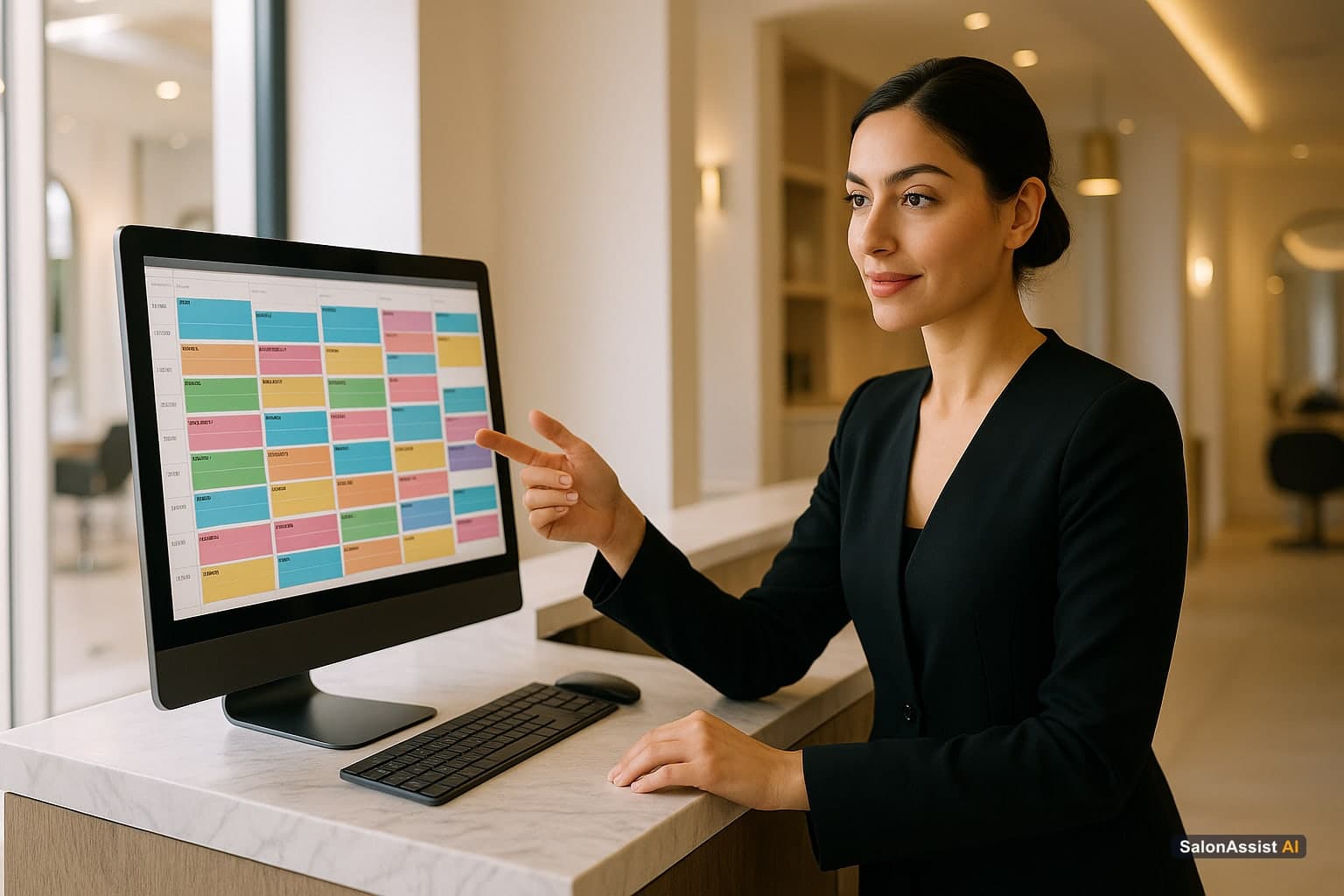 SalonAssist AI Desk Booking calendar displaying group appointments with staff assignments