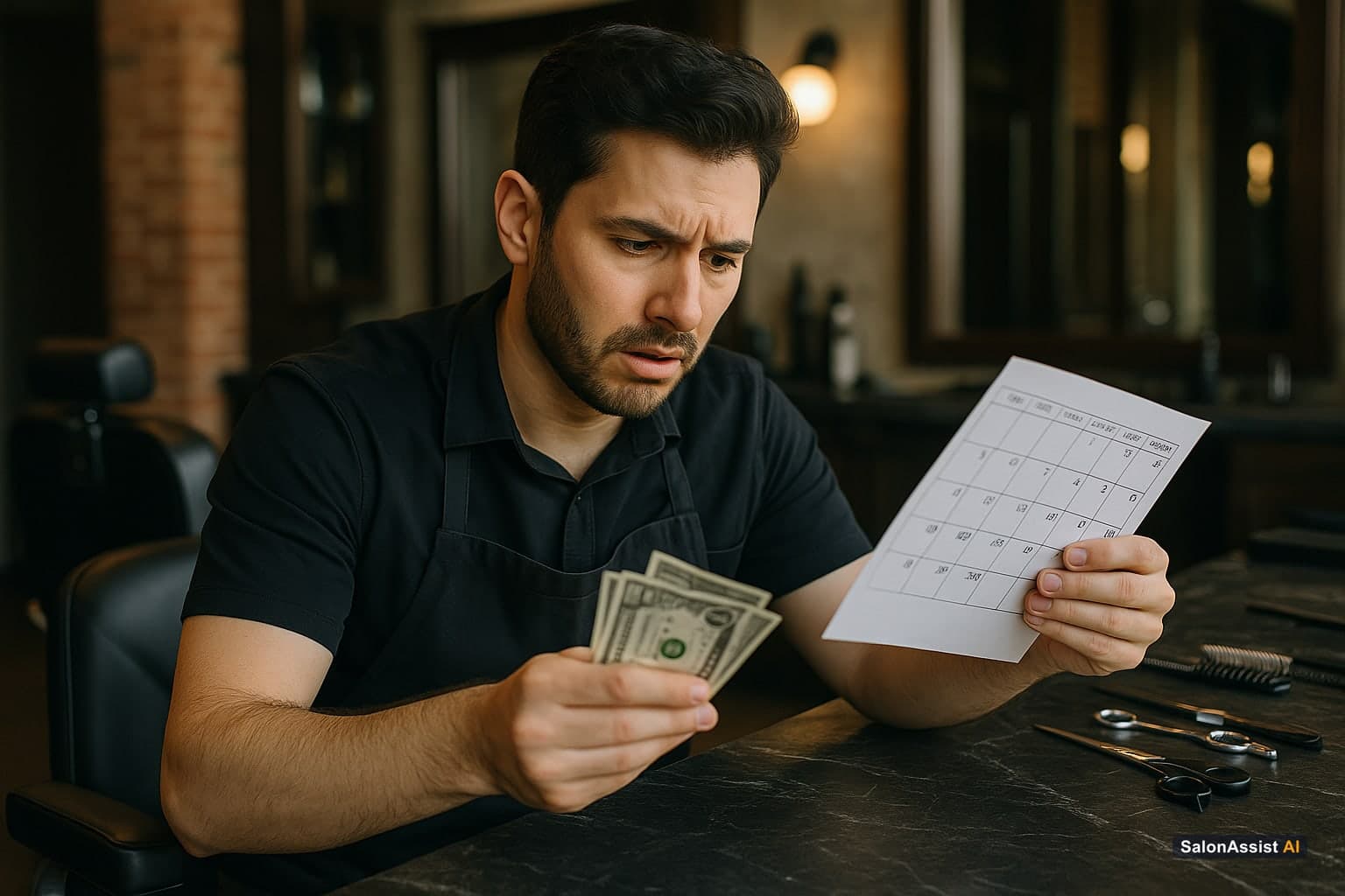Barber struggling with manual calendar and cash handling