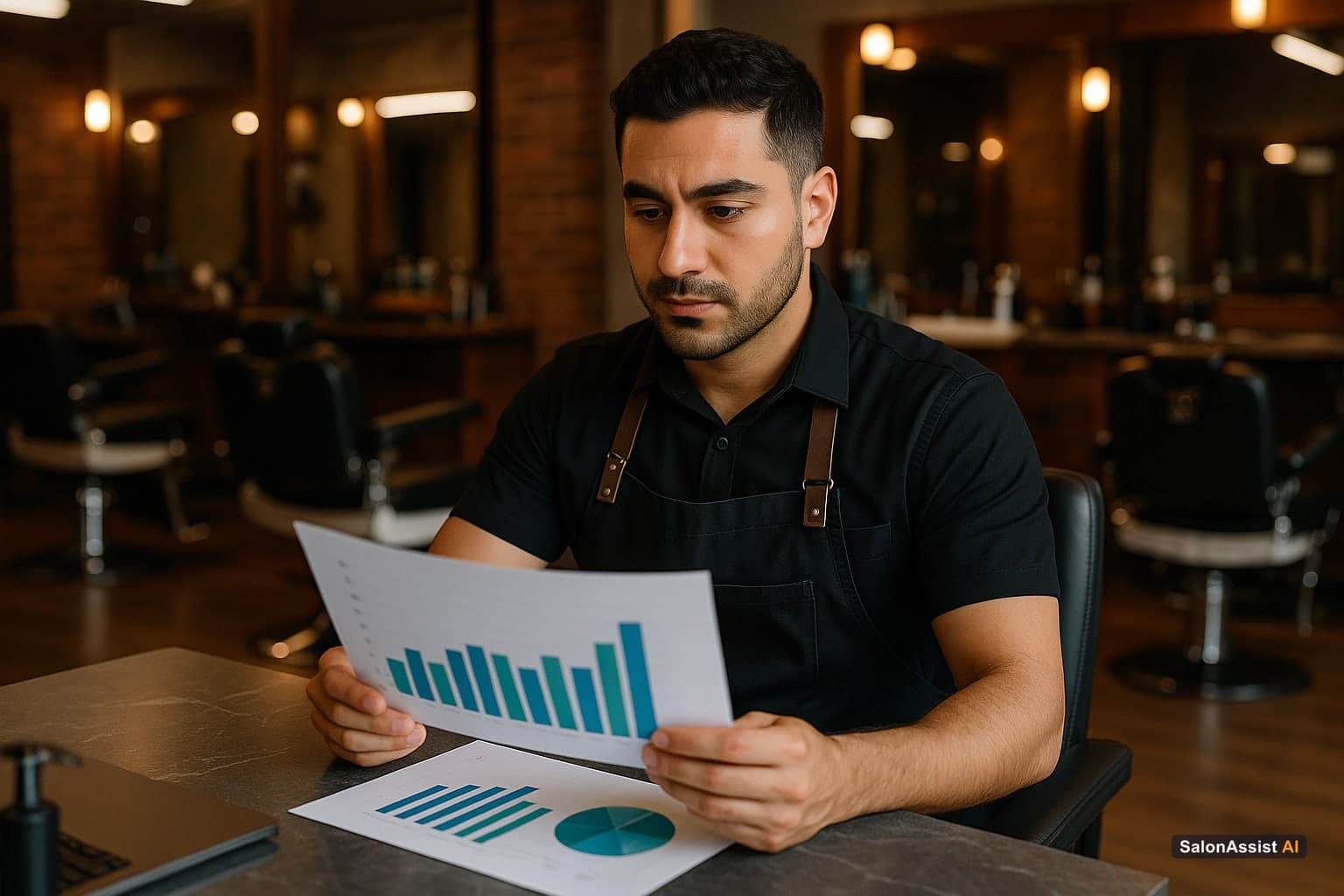 Barbershop owner reviewing booking and revenue analytics