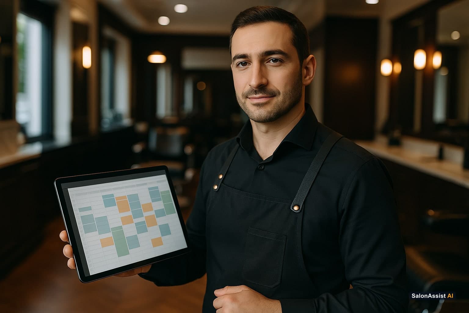 Barbershop owner managing staff schedules on a digital calendar