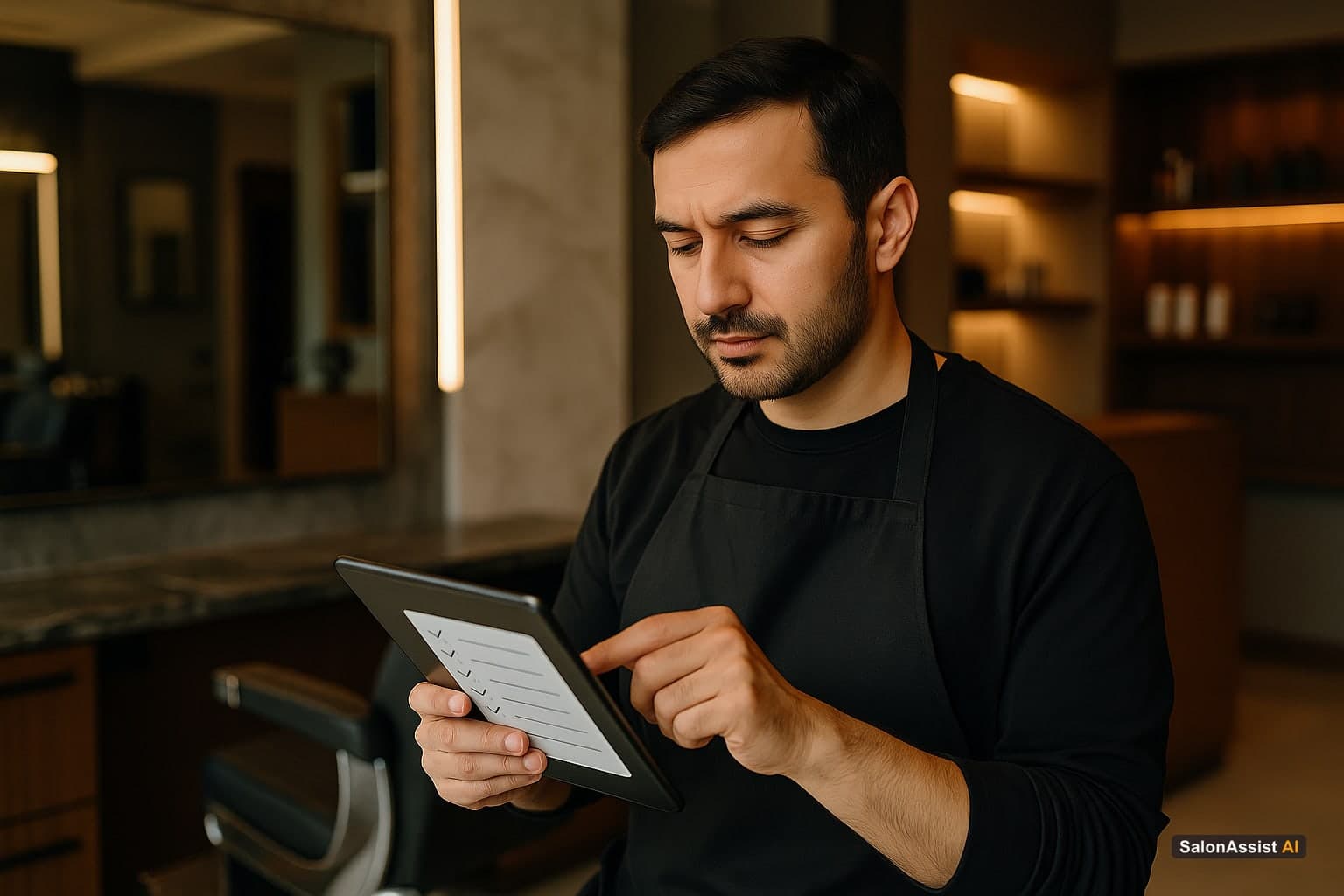 Barbershop owner reviewing software feature checklist on tablet