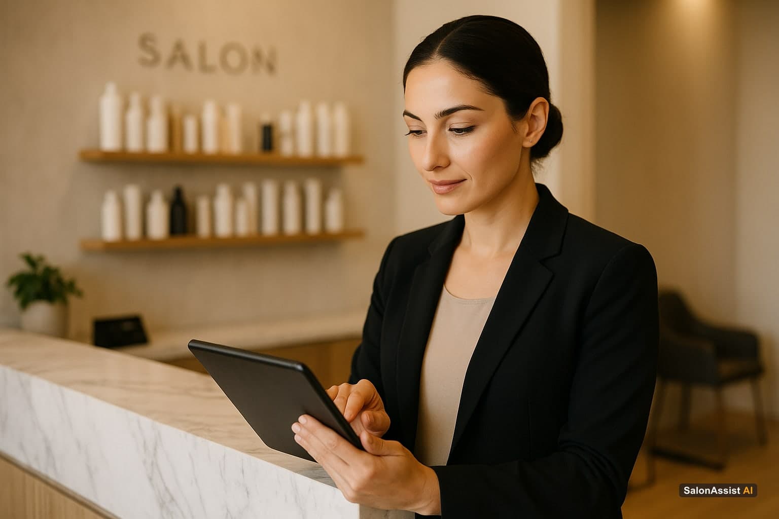 Salon front desk manager managing bookings on beauty parlour software