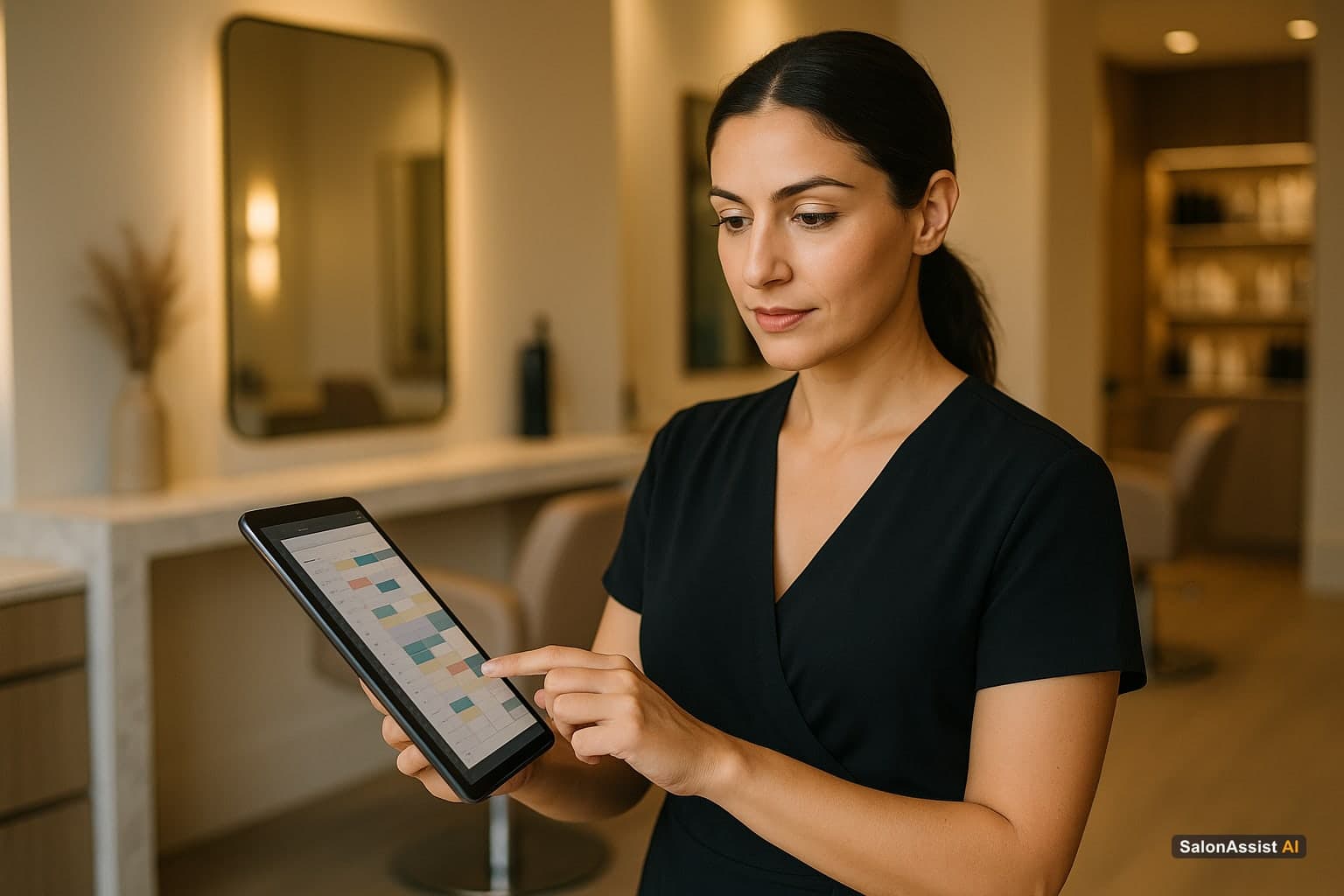 Salon owner managing appointments on a digital dashboard