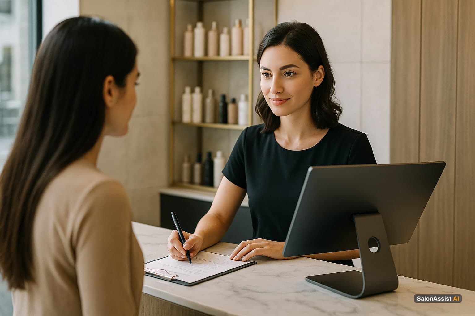 Salon staff efficiently serving clients with software support