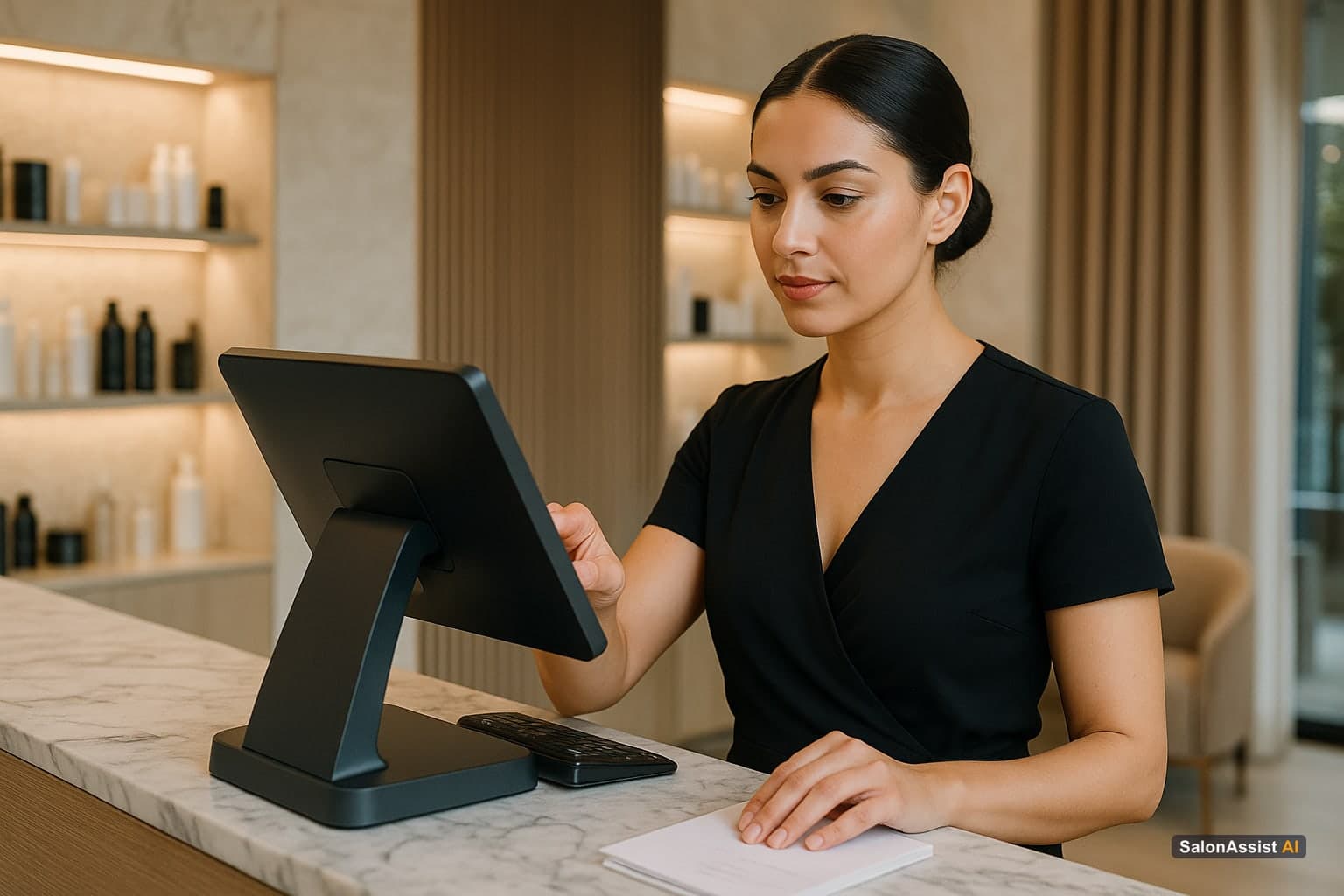 Salon receptionist using a touchscreen POS system to schedule appointments and process payments