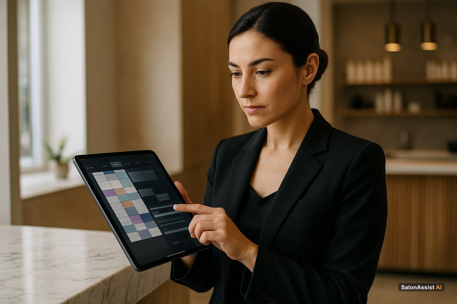 Tablet screen showing multi-service appointment scheduling and billing features of salon POS software