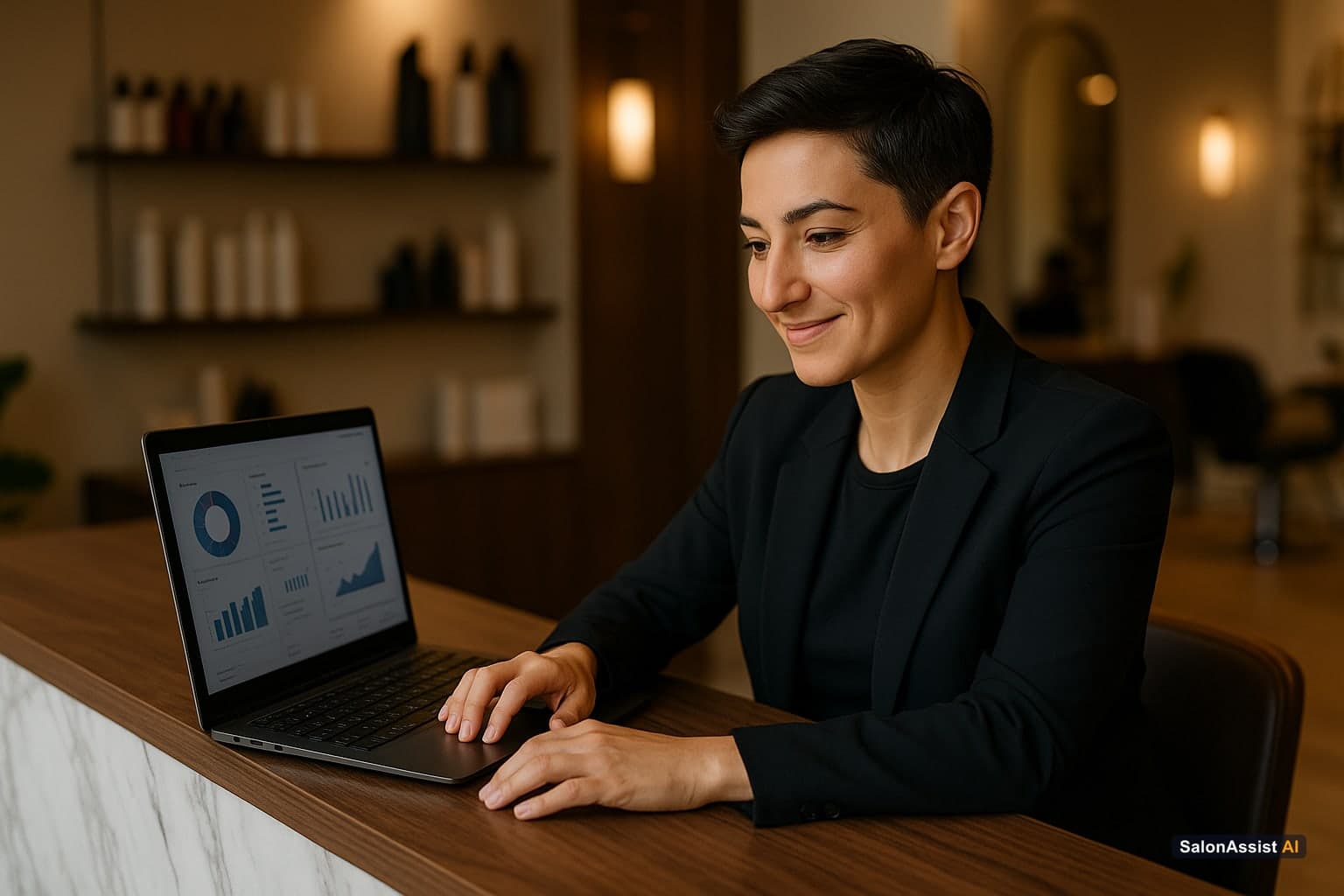 Salon owner analyzing comprehensive reports on a laptop from an all-in-one POS system