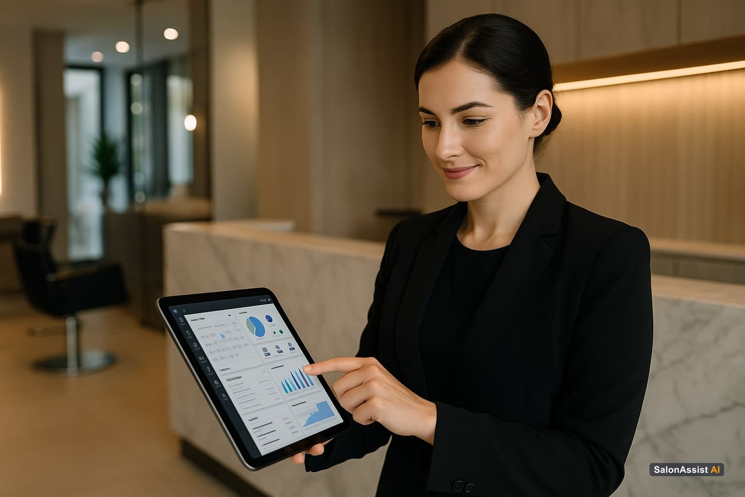 Salon manager interacting with a tablet showing an integrated salon management software dashboard