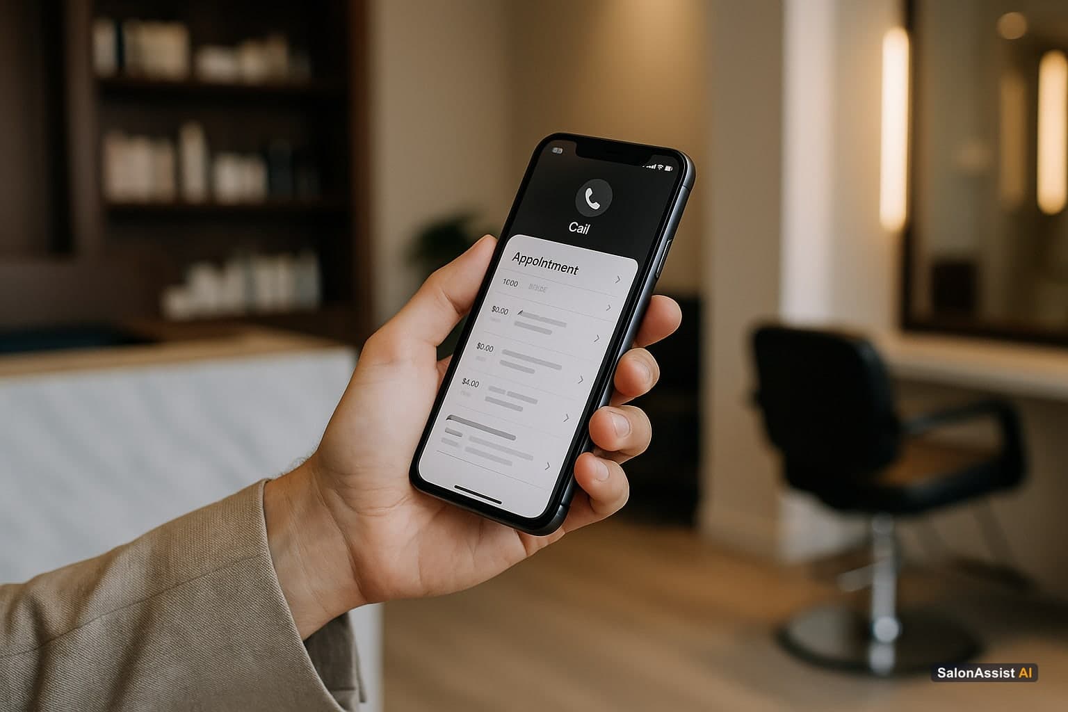 Smartphone displaying a salon appointment booking app with AI voice receptionist call feature