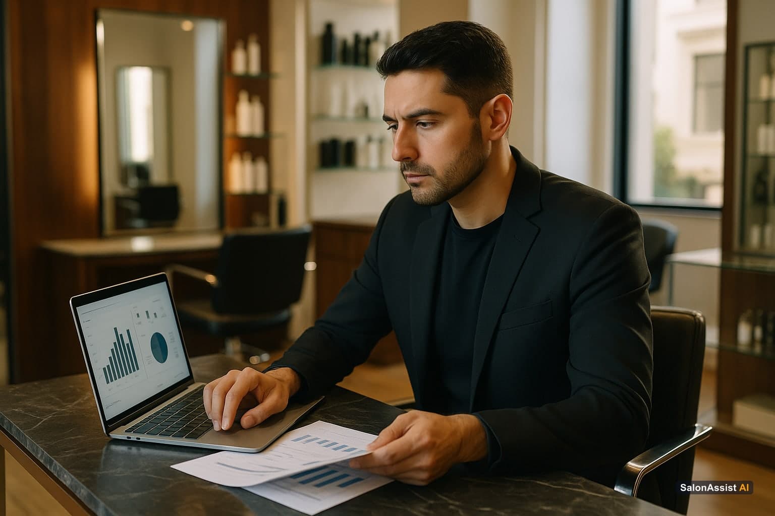 Salon owner analyzing business growth charts and client data on a laptop screen