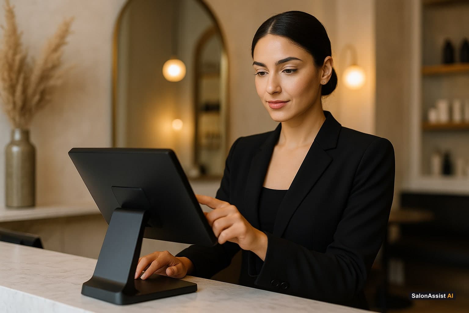 Salon receptionist operating a modern touchscreen POS system to manage appointments and payments