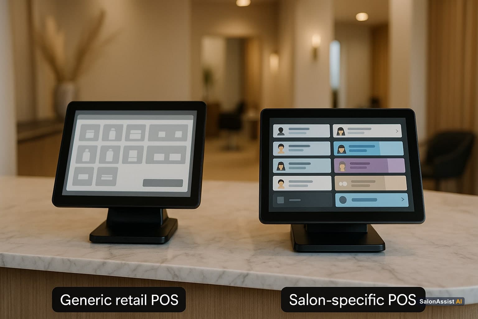 Side-by-side screens comparing a generic retail POS and a salon POS showing stylist and client service details