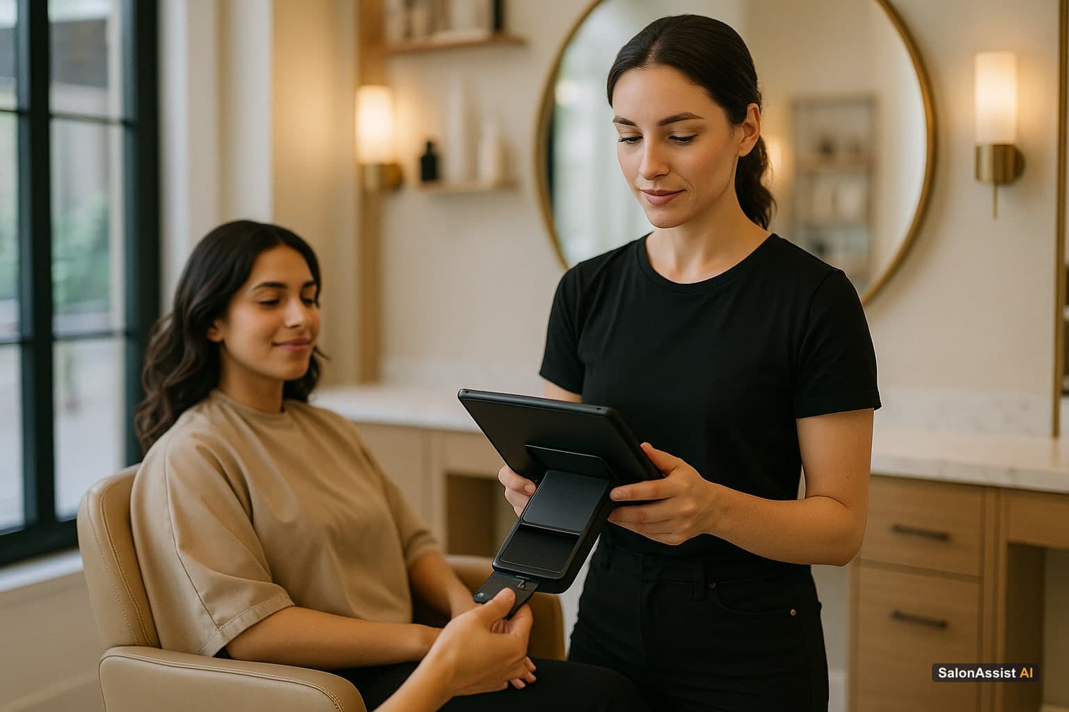 Stylist using a tablet POS to quickly process payment while client relaxes in salon chair