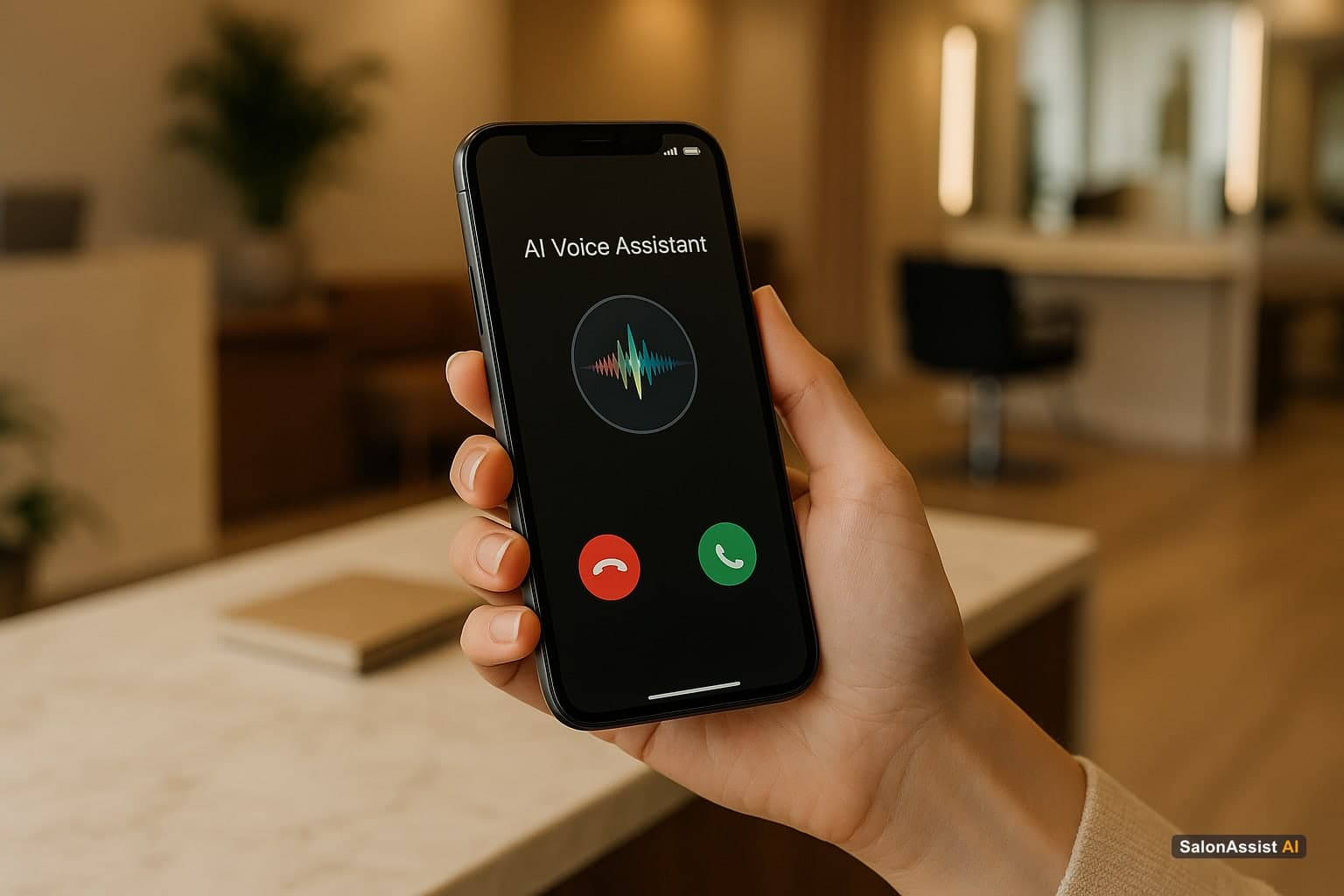 Smartphone displaying an AI voice assistant app answering salon appointment calls