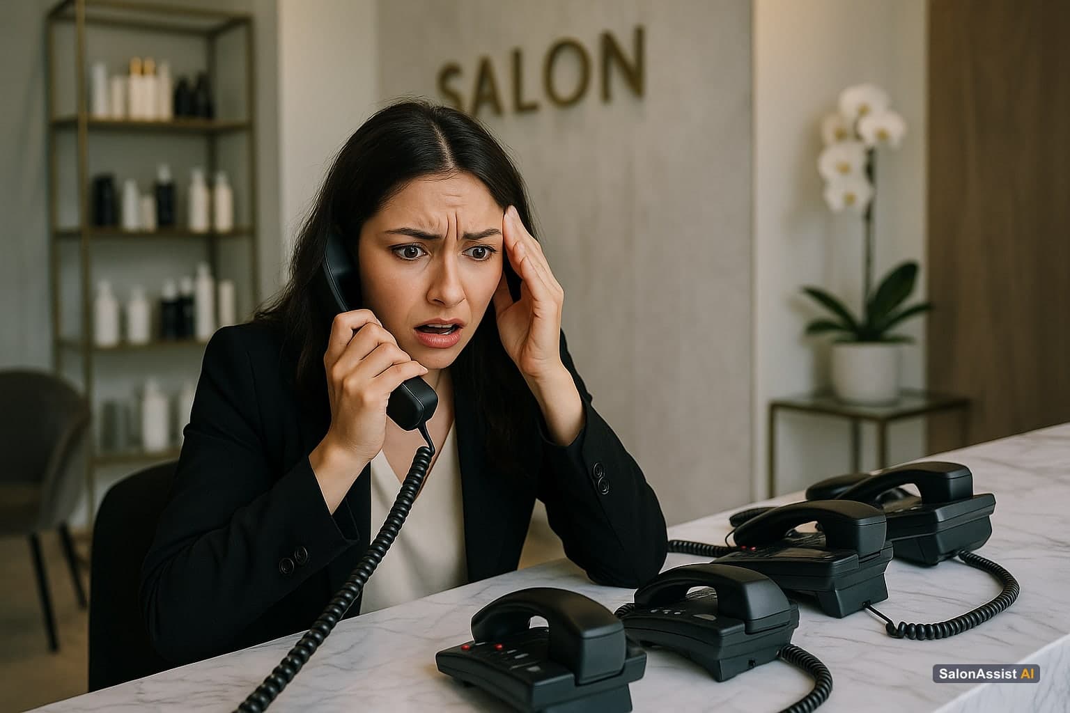 Salon receptionist looking stressed with multiple ringing phones on desk