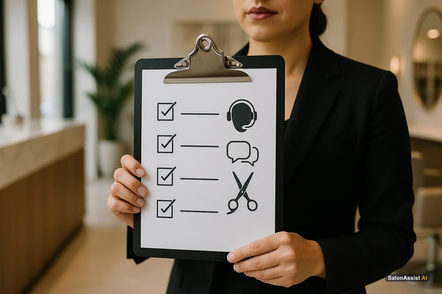 Clipboard checklist featuring AI and salon-related icons for evaluating receptionists