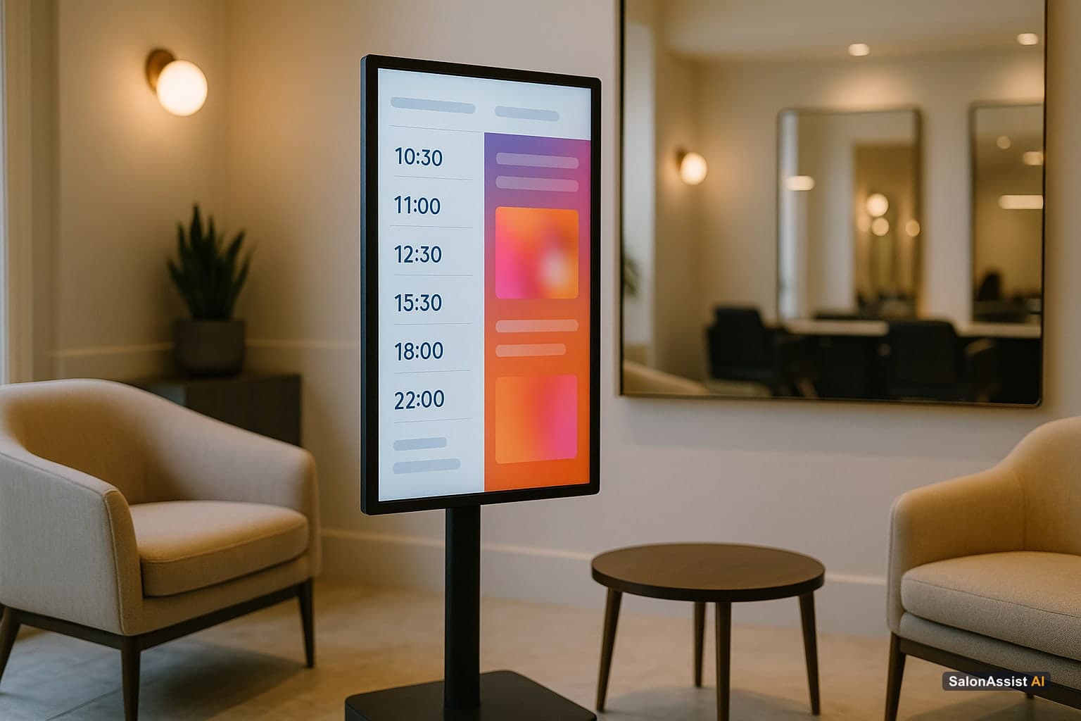 Digital TV screen displaying live salon appointment schedules and promotional banners in a salon lobby