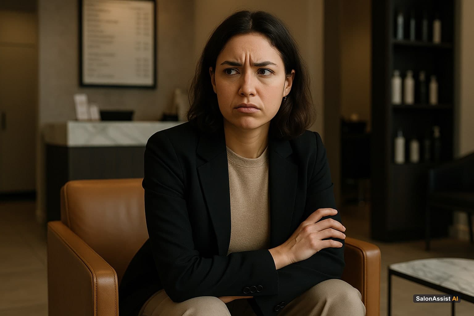 Client looking frustrated and uncertain while waiting in a salon lobby with outdated printed signage