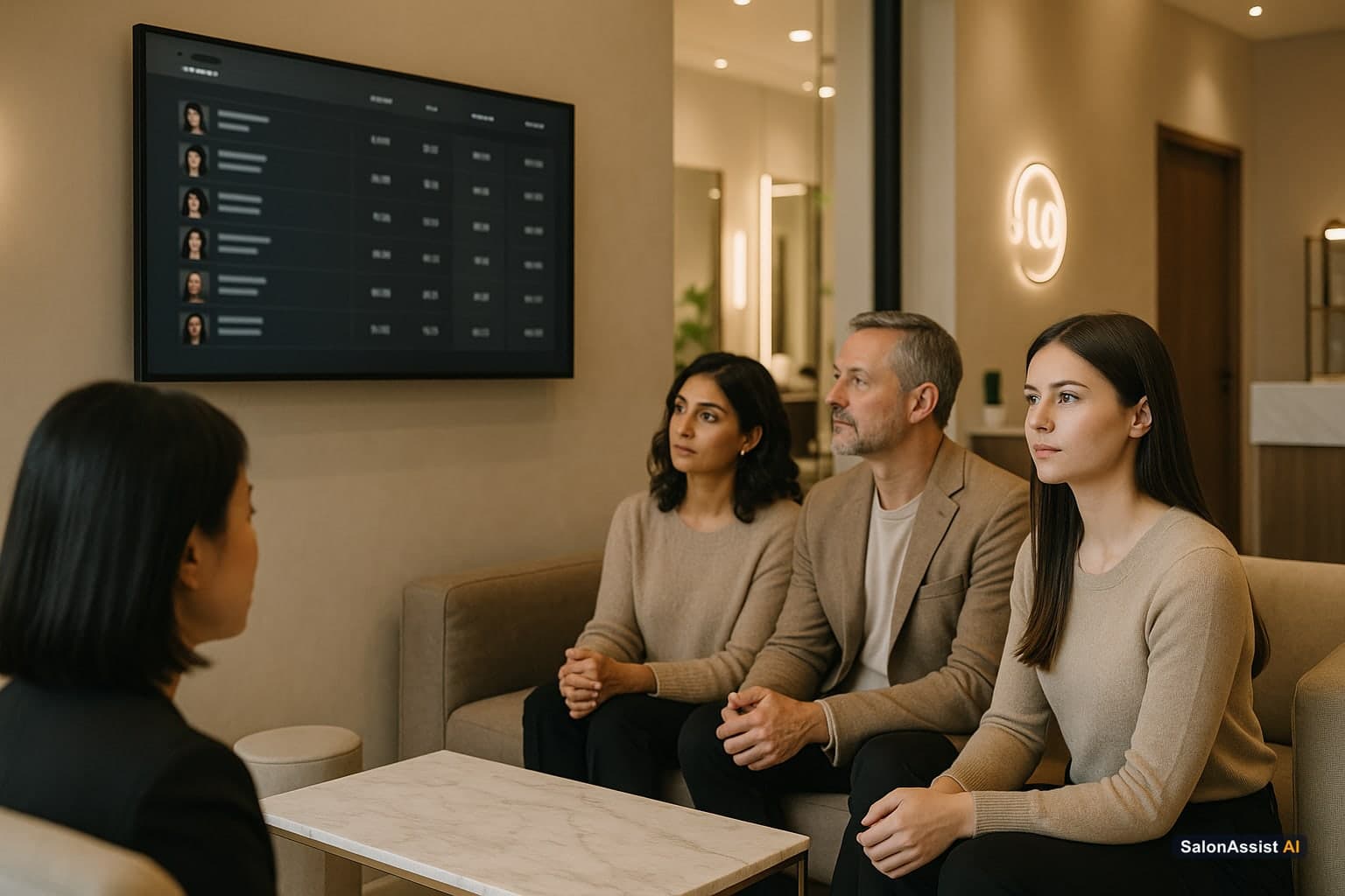 Clients in a salon lobby attentively viewing a live TV display showing stylist schedules and service prices