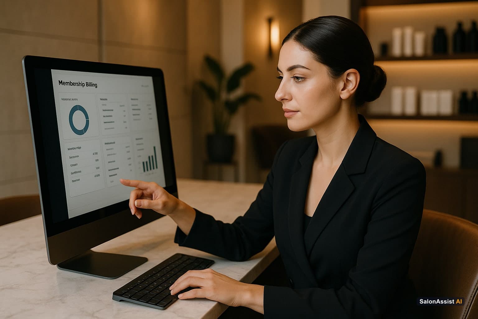 Salon owner reviewing membership billing dashboard on computer