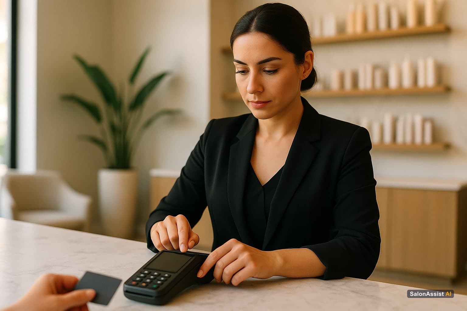 Salon manager completing checkout with automated membership discount