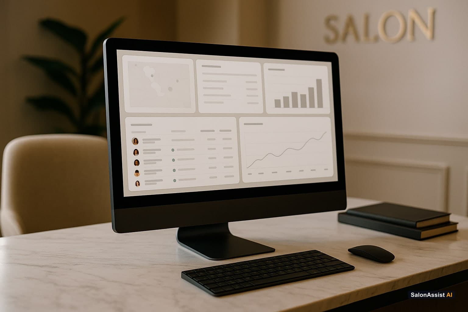 A computer screen showing a dashboard with multiple salon branches' bookings, staff assignments, and revenue data
