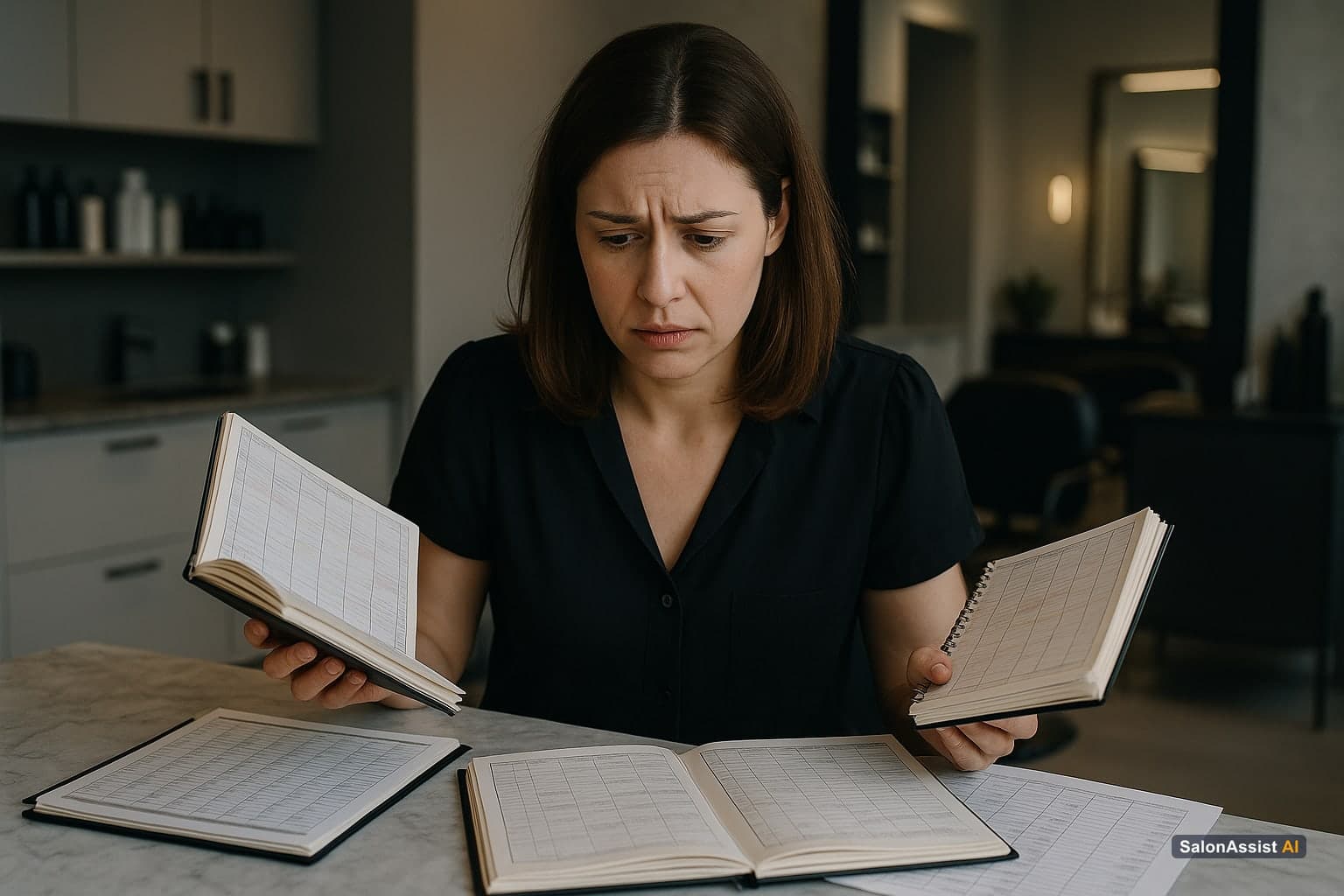 A salon manager looking stressed while handling multiple appointment books and staff schedules for different branches